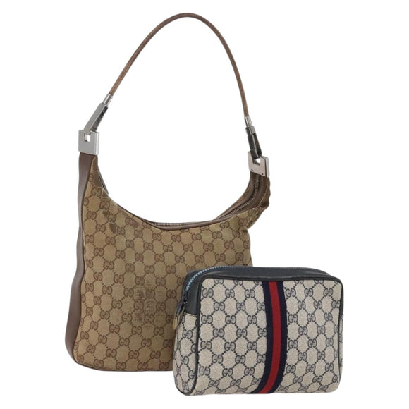 GUCCI GG Supreme GG Canvas Hand Bag PVC Canvas 2 Set Navy Beige Auth fm5165