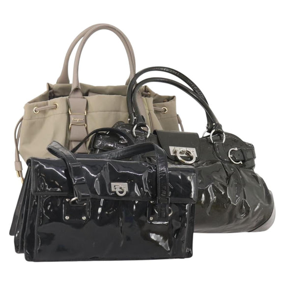 Salvatore Ferragamo Gancini Bag Patent Leather 3 Set Black Beige Auth fm5168