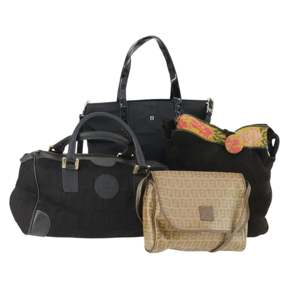 FENDI Zucchino Zucca Bag Nylon Leather PVC Canvas 2 Set Black Brown Auth fm5169