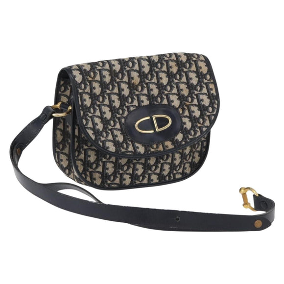 Christian Dior Trotter Canvas Shoulder Bag Navy Gold Auth fm5214