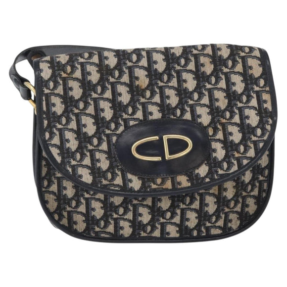 Christian Dior Trotter Canvas Shoulder Bag Navy Gold Auth fm5214