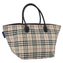 BURBERRY Nova Check Blue Label Hand Bag Nylon Beige Silver Auth fm5216-1