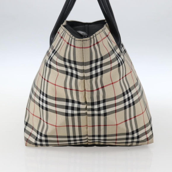 BURBERRY Nova Check Blue Label Hand Bag Nylon Beige Silver Auth fm5216