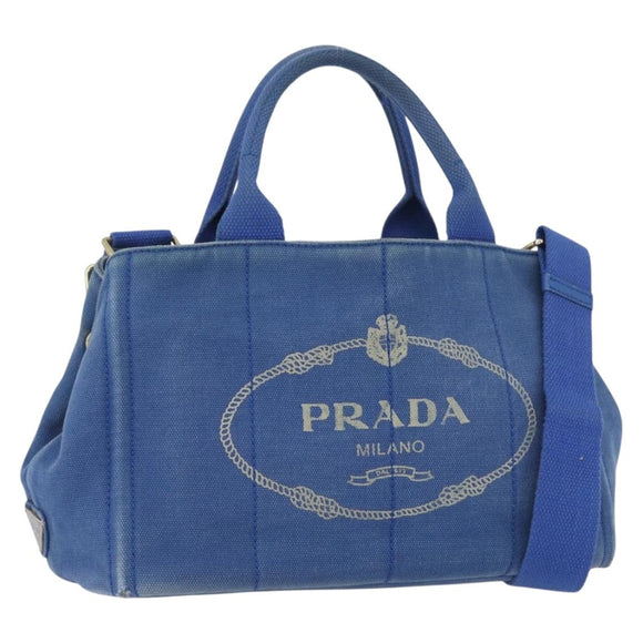 PRADA Canapa PM Hand Bag Canvas 2way Blue Gold Auth fm5220