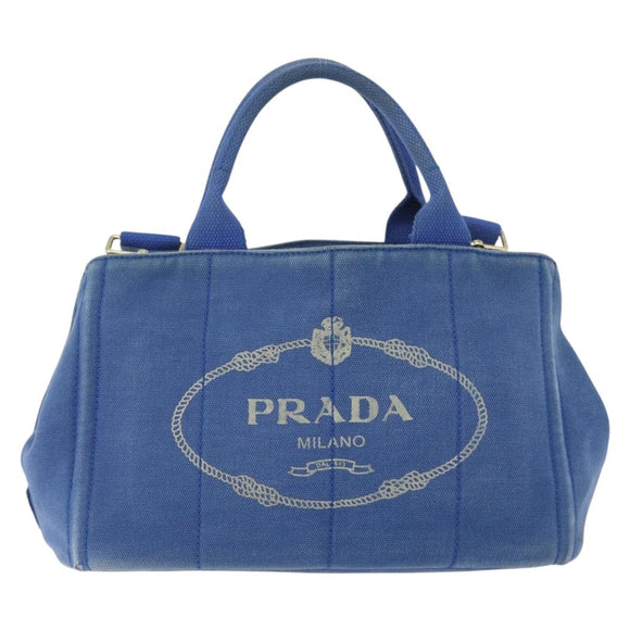 PRADA Canapa PM Hand Bag Canvas 2way Blue Gold Auth fm5220