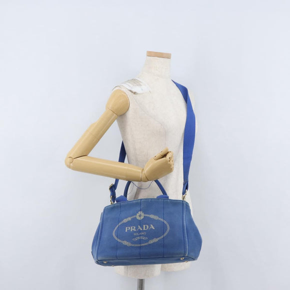 PRADA Canapa PM Hand Bag Canvas 2way Blue Gold Auth fm5220