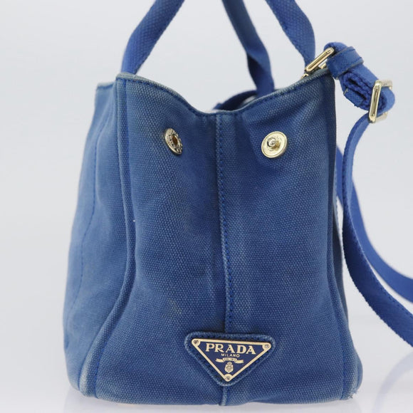PRADA Canapa PM Hand Bag Canvas 2way Blue Gold Auth fm5220