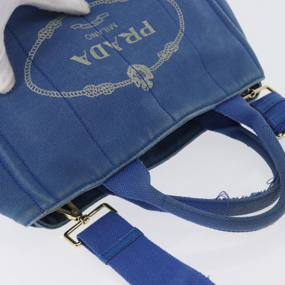 PRADA Canapa PM Hand Bag Canvas 2way Blue Gold Auth fm5220