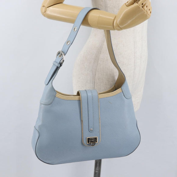 Salvatore Ferragamo Gancini Shoulder Bag Leather Light Blue Silver Auth fm5224