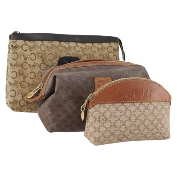 CELINE Macadam Canvas C Macadam Canvas Pouch PVC 3 Set Beige Brown Auth fm5234