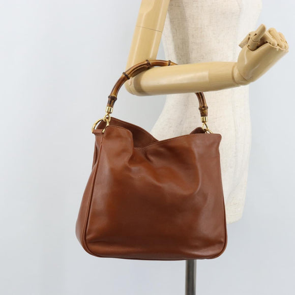 GUCCI Bamboo Hand Bag Leather Brown Gold Auth fm5270