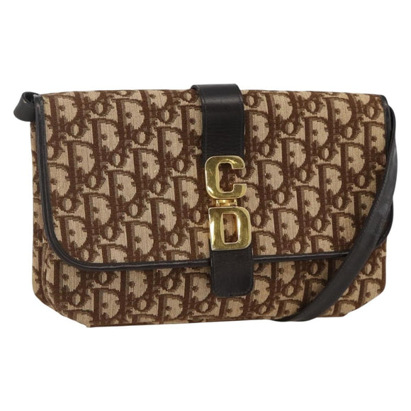Christian Dior Trotter Canvas Shoulder Bag Beige Gold Auth fm5276
