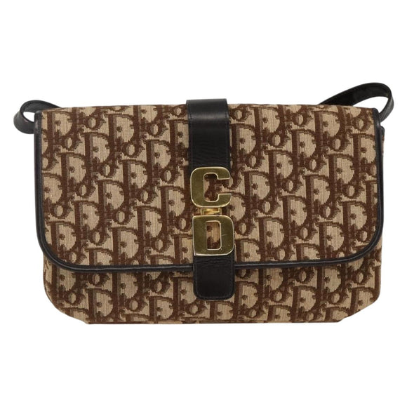 Christian Dior Trotter Canvas Shoulder Bag Beige Gold Auth fm5276