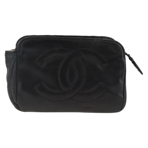 CHANEL COCO Mark Pouch Lamb Skin Black Gold CC Auth fm5303