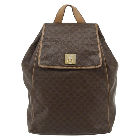CELINE Macadam Canvas Backpack PVC Leather Brown Gold Auth fm5320