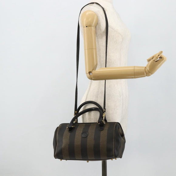 FENDI Pecan Canvas Hand Bag PVC 2way Black Brown Auth fm5333
