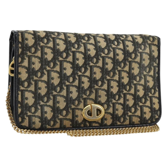 Christian Dior Trotter Canvas Chain Shoulder Bag Navy Gold Auth fm5340