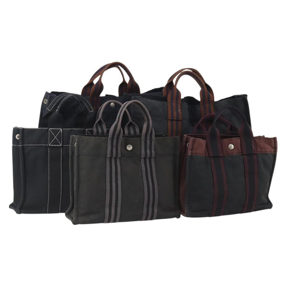 HERMES Fourre Tout Tote Bag Canvas 5 Set Navy Black Khaki Auth fm5354