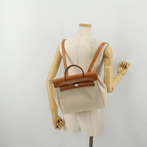 HERMES Herbag A Dos Hand Bag Canvas 2way White Silver Auth fm5359
