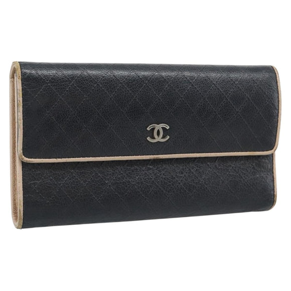 CHANEL Bicolore Long Wallet Leather Black Silver CC Auth fm5370