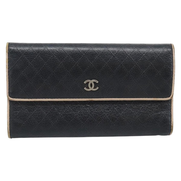 CHANEL Bicolore Long Wallet Leather Black Silver CC Auth fm5370