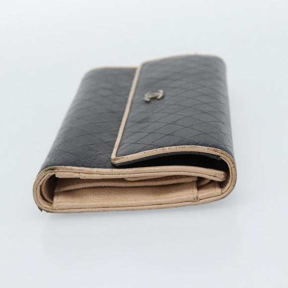 CHANEL Bicolore Long Wallet Leather Black Silver CC Auth fm5370