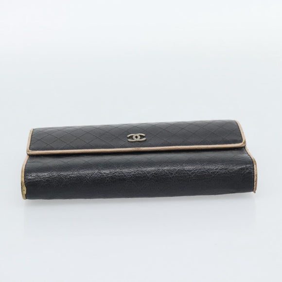CHANEL Bicolore Long Wallet Leather Black Silver CC Auth fm5370