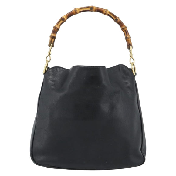GUCCI Bamboo Hand Bag Leather Black Gold Auth fm5373