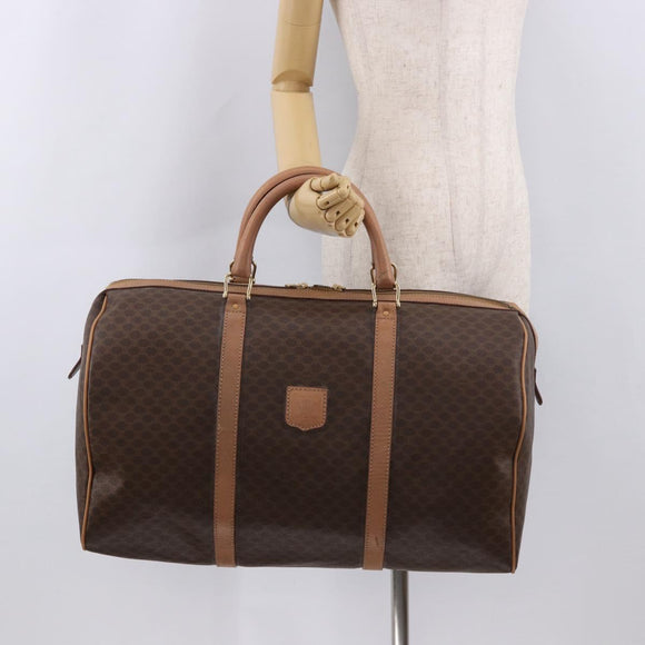 CELINE Macadam Canvas Boston Bag PVC Leer Bruin Goud Auth fm5376