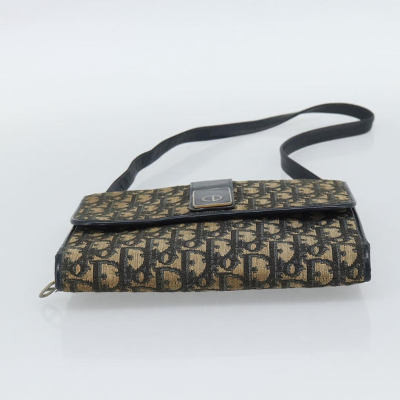 Christian Dior Trotter Canvas Shoulder Bag Navy Gold Auth fm5383