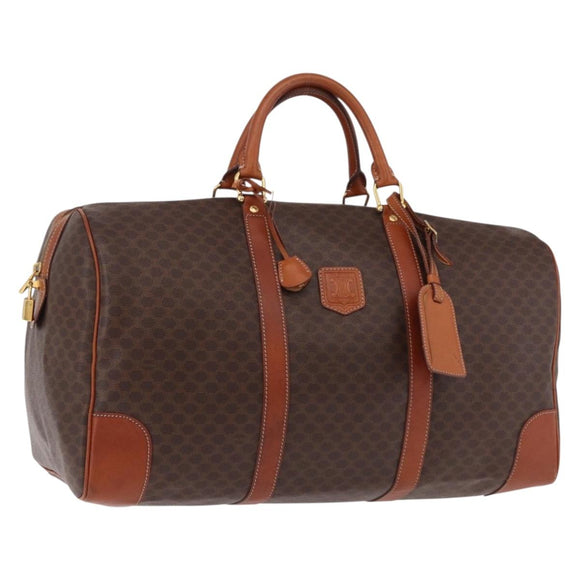 CELINE Macadam Canvas Boston Bag PVC Leather Brown Gold Auth fm5391