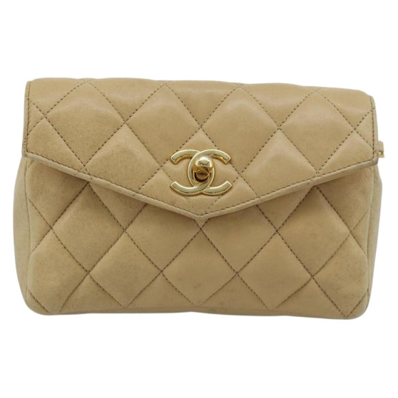 CHANEL Matelasse Waist bag Lamb Skin Beige Gold CC Auth fm5396