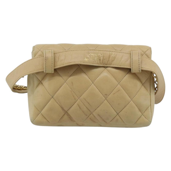CHANEL Matelasse Waist bag Lamb Skin Beige Gold CC Auth fm5396