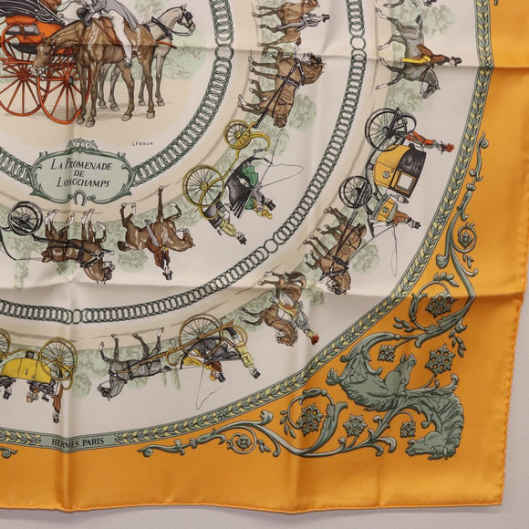 HERMES Carre 90 Scarf ""LA PROMENADE DE LONGCHAMPS"" Silk Yellow Auth fm5398M