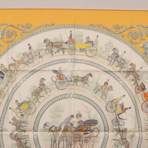 HERMES Carre 90 Scarf ""LA PROMENADE DE LONGCHAMPS"" Silk Yellow Auth fm5398M