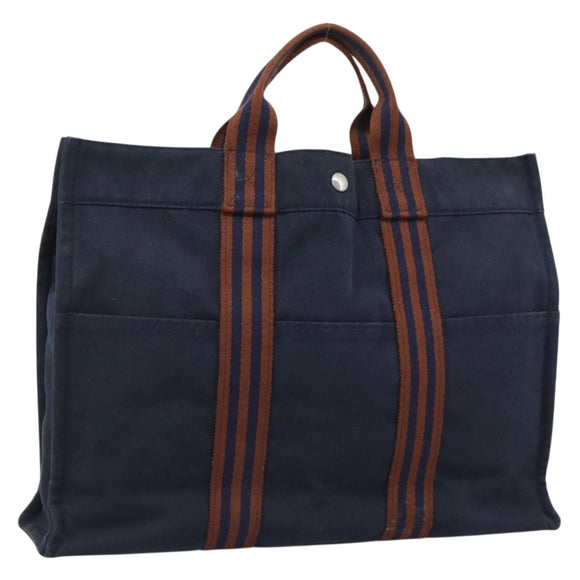 HERMES Fourre Tout MM Hand Bag Canvas Navy Silver Auth fm5406