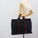 HERMES Fourre Tout MM Hand Bag Canvas Navy Silver Auth fm5406-20