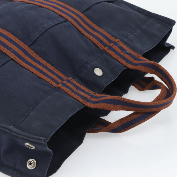 HERMES Fourre Tout MM Hand Bag Canvas Navy Silver Auth fm5406