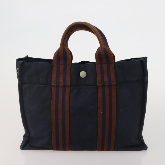 HERMES Hand Bag Canvas 2 Set Black Navy Auth fm5415
