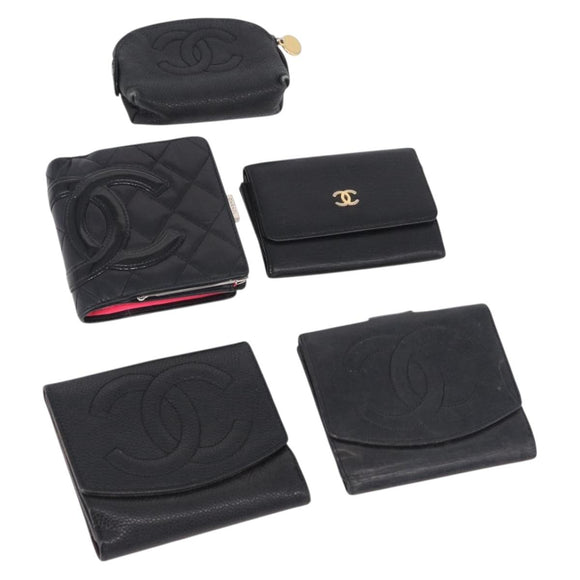 CHANEL Cambon Line Wallet Leather Caviar Skin 5 Set Black CC Auth fm5423