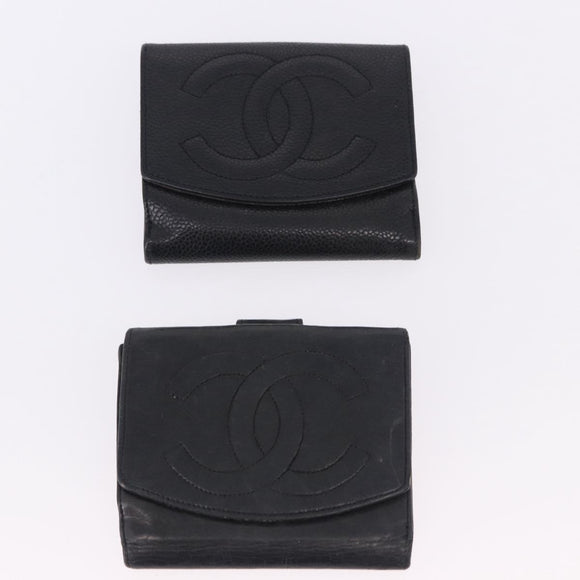 CHANEL Cambon Line Wallet Leather Caviar Skin 5 Set Black CC Auth fm5423