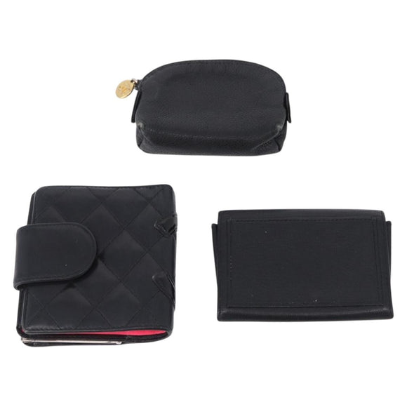 CHANEL Cambon Line Wallet Leather Caviar Skin 5 Set Black CC Auth fm5423
