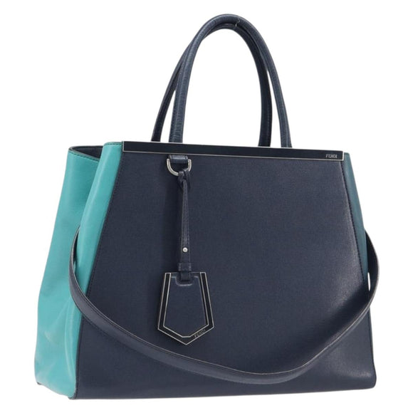 FENDI 2 JOURS Hand Bag Leather 2way Navy Silver Auth fm5429A