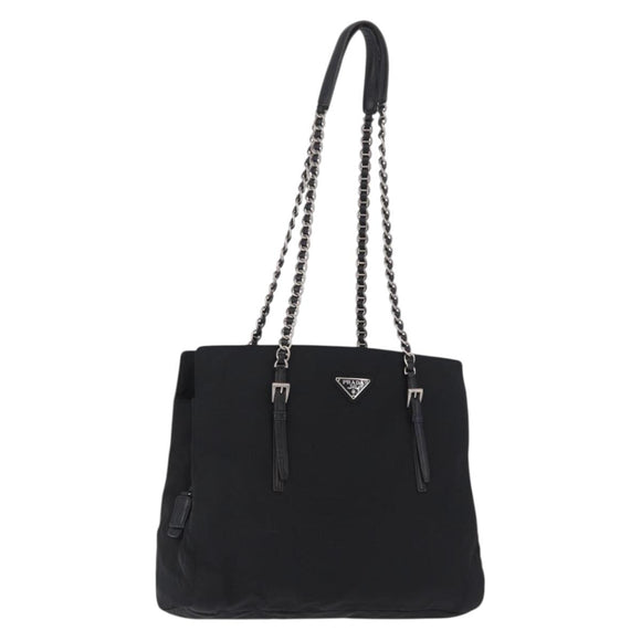 PRADA Chain Shoulder Bag Nylon Black Silver Auth fm5438