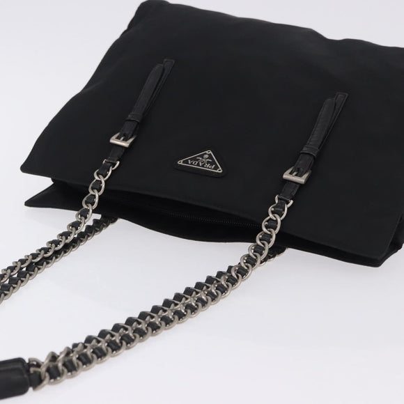 PRADA Chain Shoulder Bag Nylon Black Silver Auth fm5438