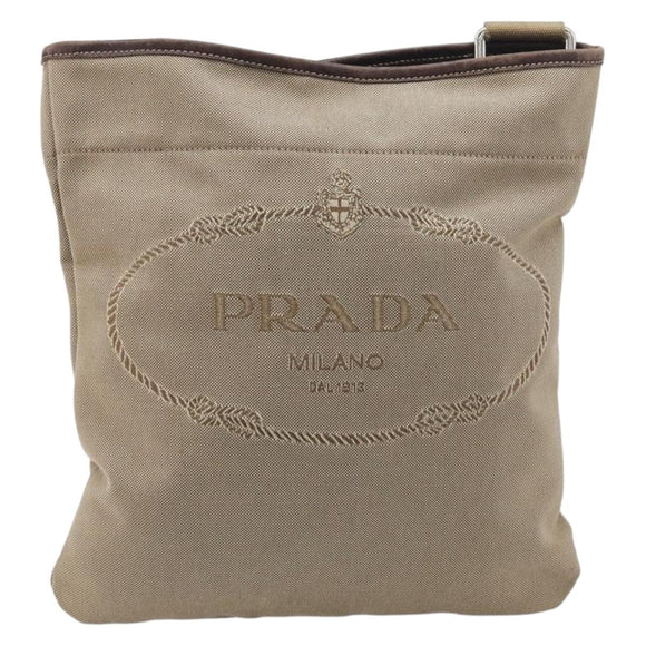 PRADA Jacquard Shoulder Bag Canvas Silver Beige Auth fm5453