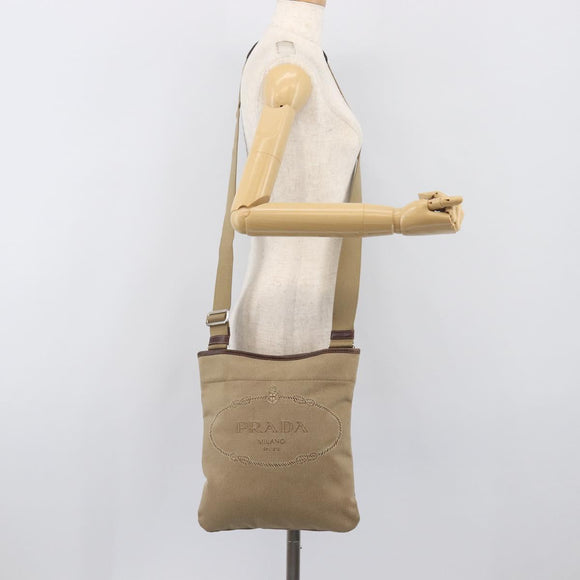 PRADA Jacquard Shoulder Bag Canvas Silver Beige Auth fm5453