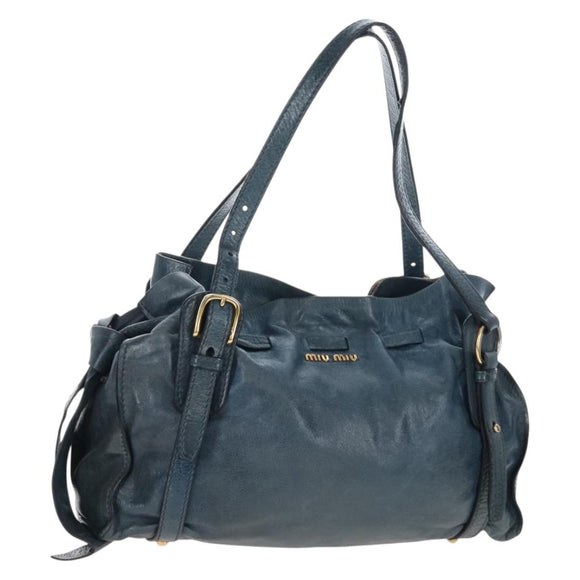 Miu Miu Side Ribbon Tote Bag Leather Blue Gold Auth fm5469V