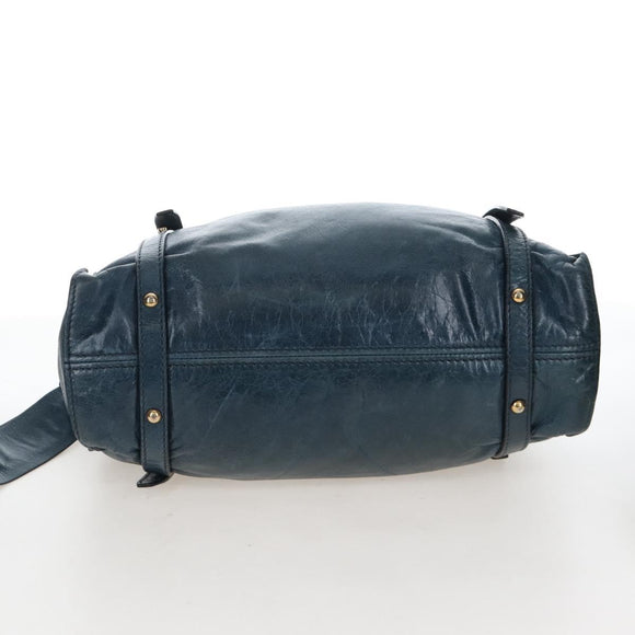 Miu Miu Side Ribbon Tote Bag Leather Blue Gold Auth fm5469V