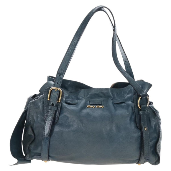 Miu Miu Side Ribbon Tote Bag Leather Blue Gold Auth fm5469V